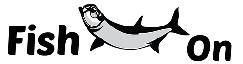 A black and white graphic logo featuring the text 'Fish On' with a stylized fish illustration replacing the letter 'I'.